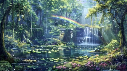 Enchanting fantasy landscape with cherry blossoms, a waterfall, and a rainbow over tranquil water, perfect for mystical and nature themes.