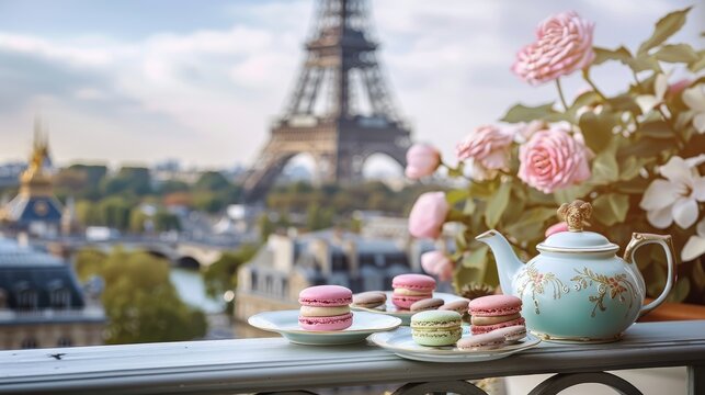 An elegant tea setting on a balcony overlooking the Eiffel Tower featuring a selection of macarons in pastel shades