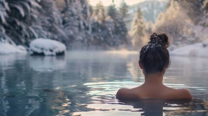 Woman relaxing in hot springs with snowy forest background, perfect for wellness and winter travel.