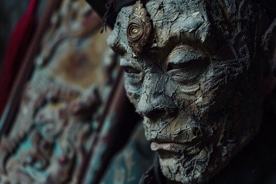 Close-up of a Jiangshis face capturing the chilling details of its pale