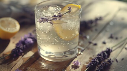 Refreshing gin tonic drinks with lavender and orange slice garnishes, surrounded by warm bokeh...