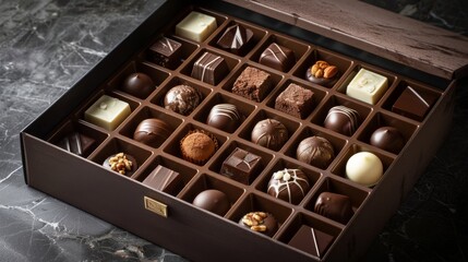 Photorealistic image of a luxurious assortment of Belgian chocolate pralines displayed in an elegant gift box with a variety of fillings and coatings visible
