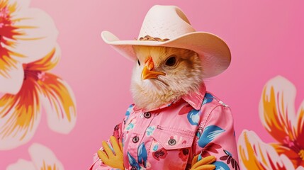 Preppy Easter Themed Chicken in Pink Outfit and Cowboy Hat on Pink Backdrop with Floral Decoration