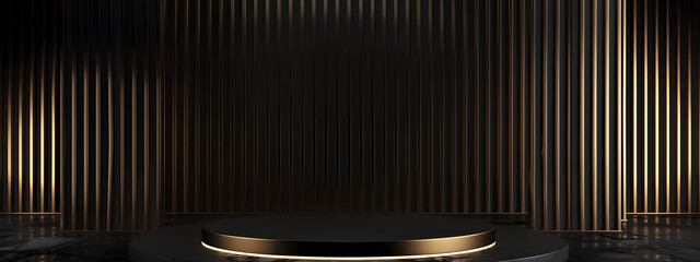 A minimalistic abstract background for product presentations, featuring a black and gold podium. Black background with golden lines and podium for product presentation, luxury premium design.