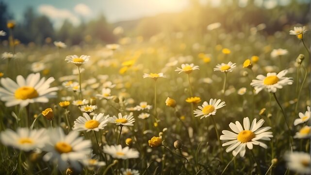 imagine: A meadow filled with daisies and buttercups, illuminated by the warm sunlight --ar 3:2 --v 4