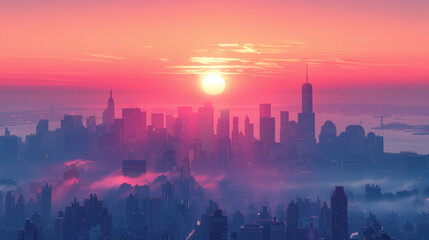 Fototapeta na wymiar Sun Rises, Bathing Skyscrapers In Soft, Warm Light, City Silhouette