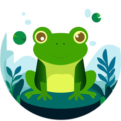 A cute green frog sits on a leaf in a lush forest.