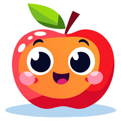 A cute apple sits in nature, its bright red skin contrasting with the green leaves around it.