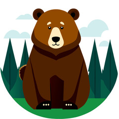 A cute grizzly bear stands in nature, its fur coat shining in the sunlight.