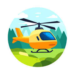 A cute green helicopter flies over a lush green forest.