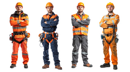 Maintenance Electrical man in safety suit with equipment standing on transparent background.