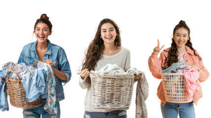 Young woman holding laundry basket with clothes while doing laundry on transparent background.