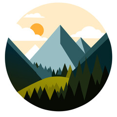 A tranquil mountain scene, where lush greenery meets rugged peaks under a clear blue sky.