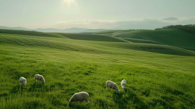 The image should capture the serene beauty of nature and the gentle presence of the sheep, reflecting the brand's values of sustainability and natural elegance