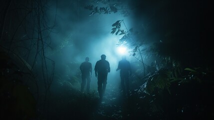 Friends maneuvering through a dense, mystical fog in a dark forest during an adventurous night expedition. - obrazy, fototapety, plakaty