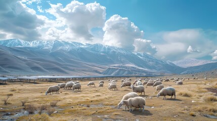 A wide-angle photo of a flock of sheep grazing next to solar panels