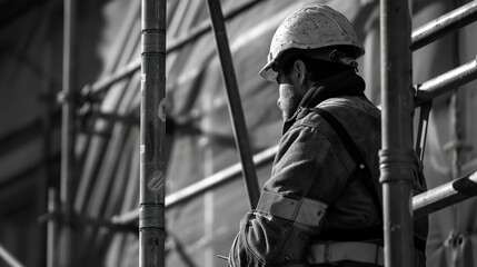 a worker on a construction site, with a scaffolding between them