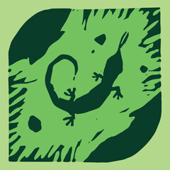 Lizard hand drawn illustration, lacertian emblem. Vector geckos drawing. Linoleum print texture. Orchid logo design. Triton symbol design. Engraved newt icon. - 760420318