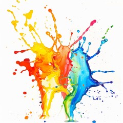 Exuberant paint splashes in primary colors leap from a white canvas, expressing freedom and creativity.