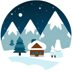 Snow-covered pine trees stand tall against a winter sky.