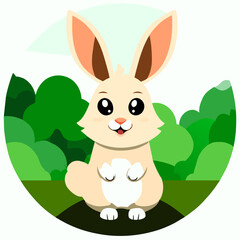 A cute rabbit hops through a lush green field, its fluffy tail twitching behind it.