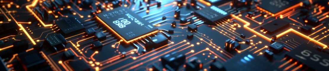 Circuit board with glowing orange data streams.
