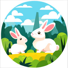 Fototapeta premium Fluffy bunnies hop and play amidst the verdant undergrowth.