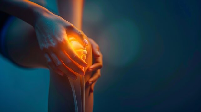 Woman holding her knee in pain, glowing with orange light to indicate discomfort