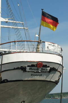sail training ship gorch fock 1 with national flag Germany, 31. May 2016, Stralsund