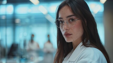 Beautiful young woman scientist cross-handed and wearing white coat and glasses in modern Medical Science Laboratory with Team of Specialists on background