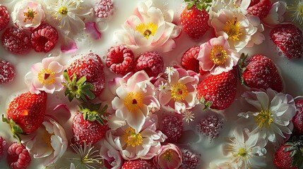 Harmony in Milk: Vibrant Strawberries and Flowers Floating in a Symphony of Color