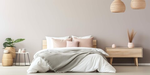 Peaceful Bedroom With Beige Colors Simple Design - obrazy, fototapety, plakaty