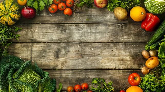 Fresh organic produce on rustic wooden table