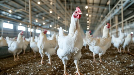 birds eye view inside a modern poultry barn, ocean of white chickens