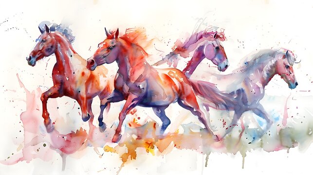 sunset sprint: the spirited dance of horses in watercolor washes