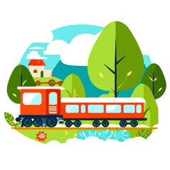 Cute trains traverse a scenic natural landscape.