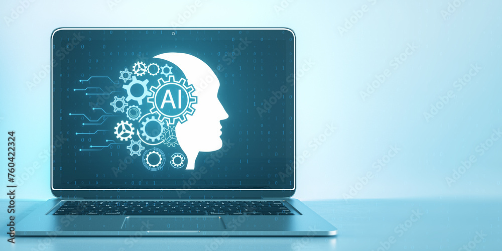 Aufkleber Close up of laptop with creative ai hologram on blue backdrop with mock up place. Artificial intelligence and machine learning concept. 3D Rendering.