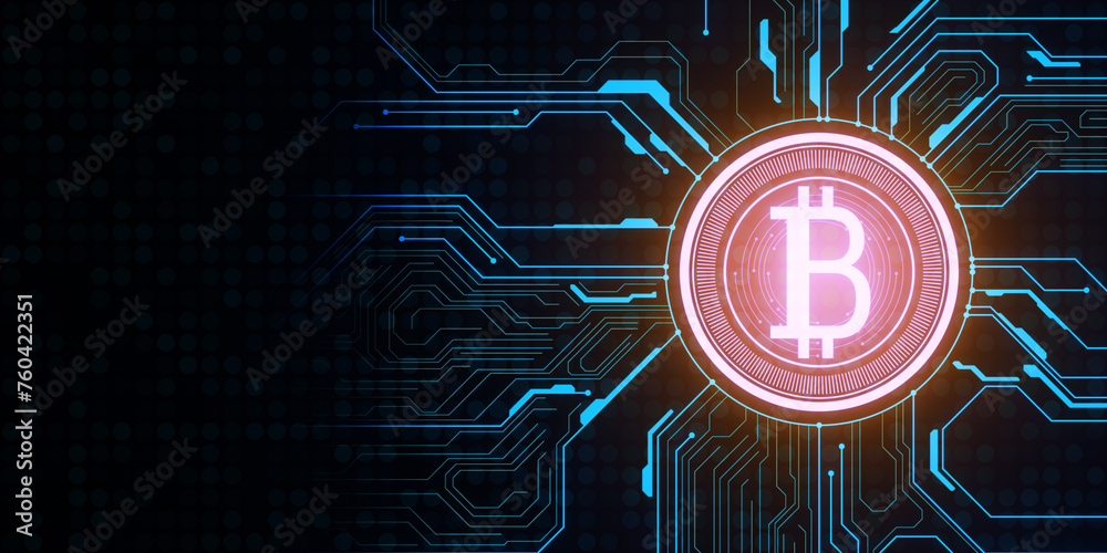 Poster creative bitcoin circuit hologram on wide dark blue background with mock up place. cyber hologram an