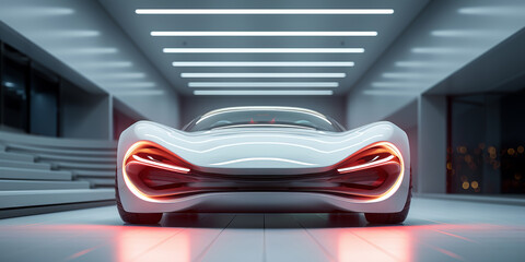 Futuristic sports car concept. Futuristic car with red lights parked in a auto showroom with spot lights.