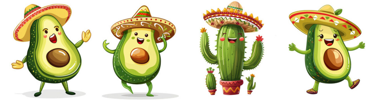 Cartoon avocado character playing guitar, wearing a sombrero, ideal for food, music, and fun illustrations. Cinco de Mayo - May 5, federal holiday in Mexico.