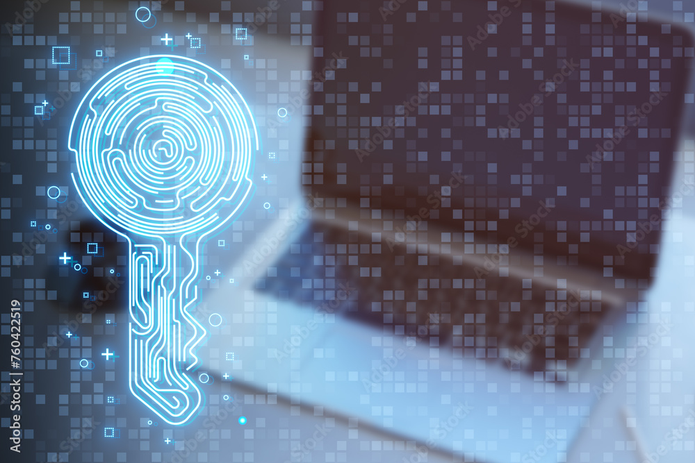 Poster Close up of laptop computer with creative fingerprint key on blue background. Concept of cyber security or private key in cryptocurrency technology. 3D Rendering.