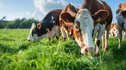 Cows eating the grass in the field