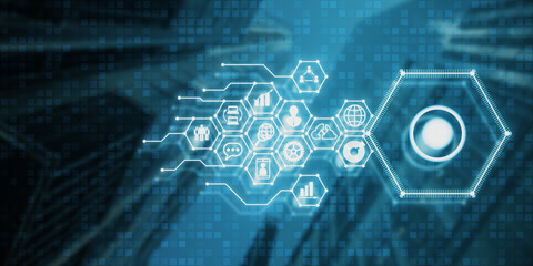 Creative glowing blue digital marketing hologram on blurry city background. Online marketing, commerce and sale concept. Double exposure.