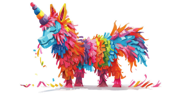 Colorful paper mache donkey pinata, traditionally used in Mexican celebrations, isolated on white, symbolizing fun and festivities.