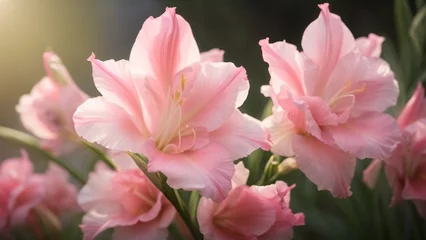 Foto op Canvas Close-Up Macro View of Gladiolus Pink Flowers Capture in the Garden and Ethereal Blurry Background © Asad