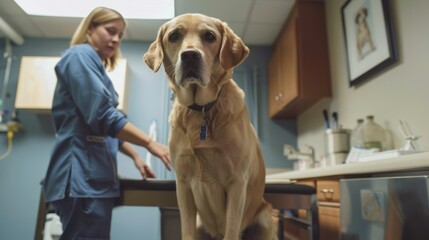 In a vet's examination room, dog and female doctor, both in focus dog sits on examination table - obrazy, fototapety, plakaty