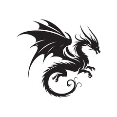 Obraz premium Dragon's Flight: Majestic Flying Dragon Silhouette Vector for Mythical Designs and Fantasy-themed Projects. Dragon Illustration, dragon vector.
