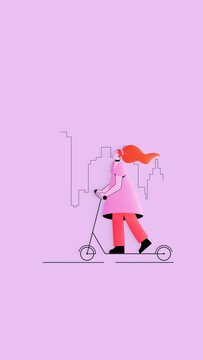 Woman Riding an Electric Scooter. Vertical video, loop animation. Motion design.