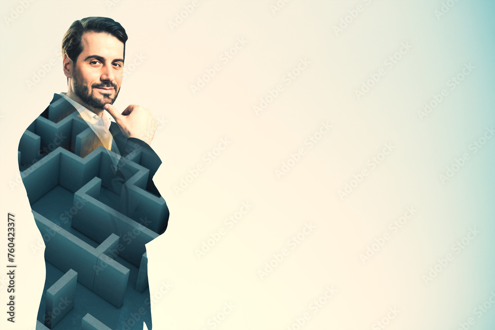 Aufkleber Portrait of thinking young businessman with abstract maze on white background with mock up place. Solution and way out concept.