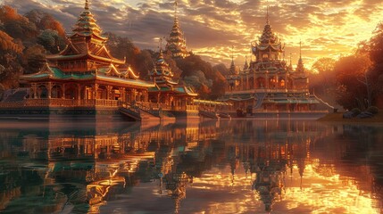 Thai Temple at Sunset Glowing in Golden Hues Amidst Lush Greenery and Intricate Pagodas - obrazy, fototapety, plakaty